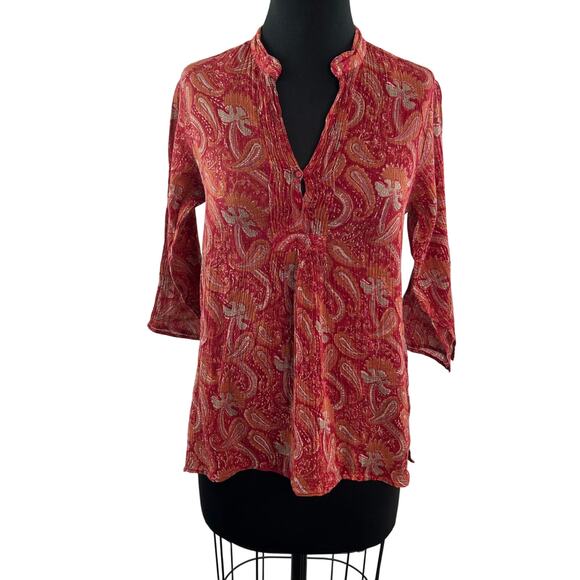 Anokhi Red Crinkled Blouse Cotton Floral Paisley Split Neck Pullover Sz M Medium - Picture 1 of 9